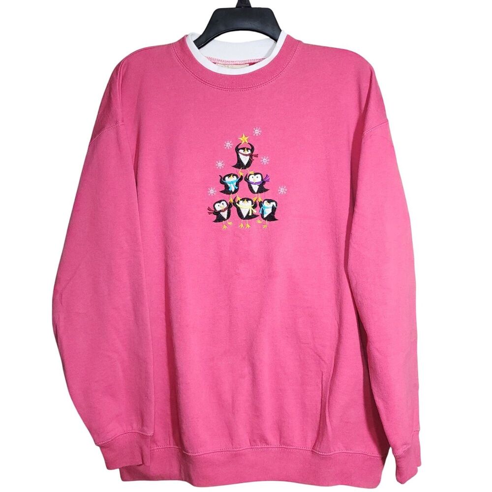 Vintage Cotton Blend Winter Pink Sweatshirt XL Sweater Embroidered Penguin‎